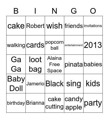 Alaina Birthday Bingo Card