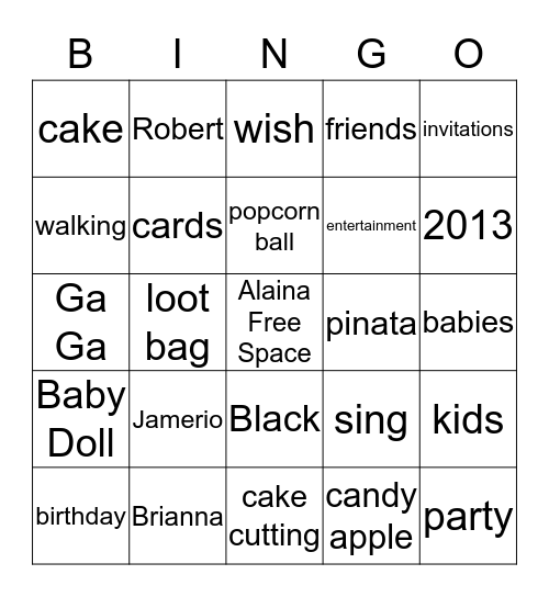Alaina Birthday Bingo Card
