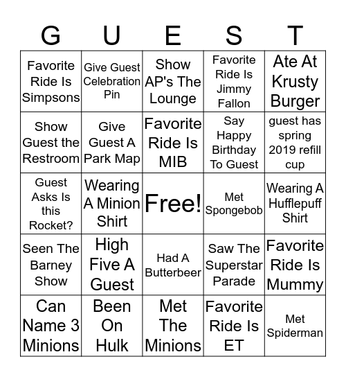 Guest Service Bingo Card