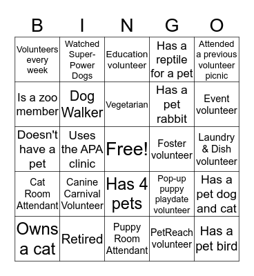 Volunteer Mingle Bingo Card