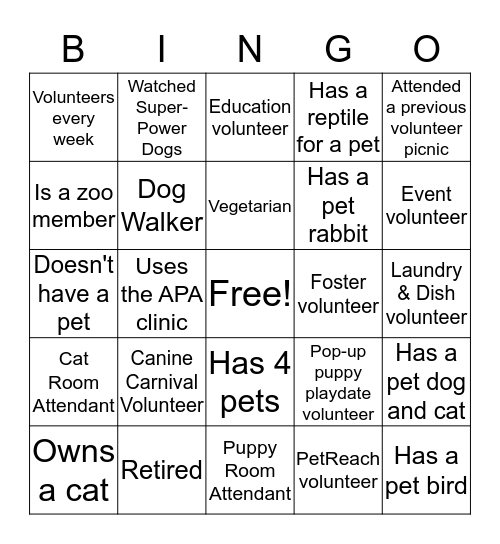 Volunteer Mingle Bingo Card