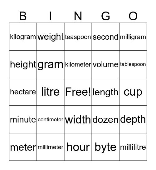 Measurement words Bingo Card