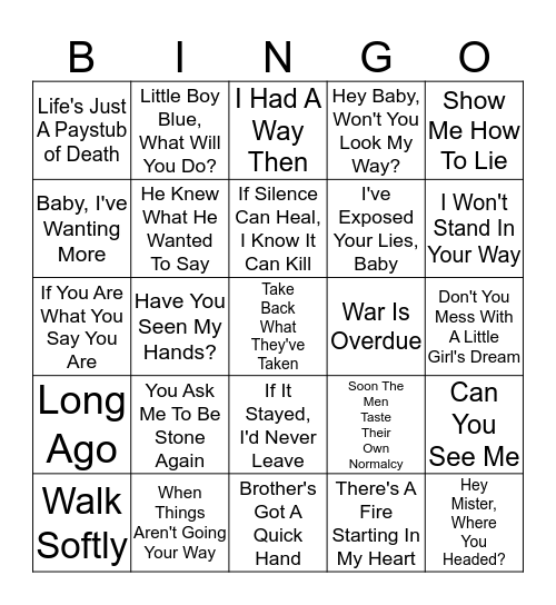 Song Lines Bingo 1 Bingo Card
