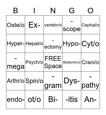 Medical Terminology Bingo! Bingo Card