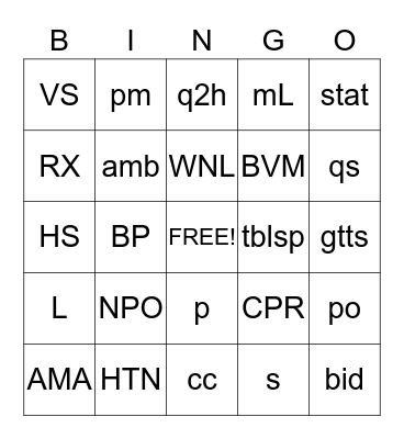 Medical Abbreviations Bingo Card