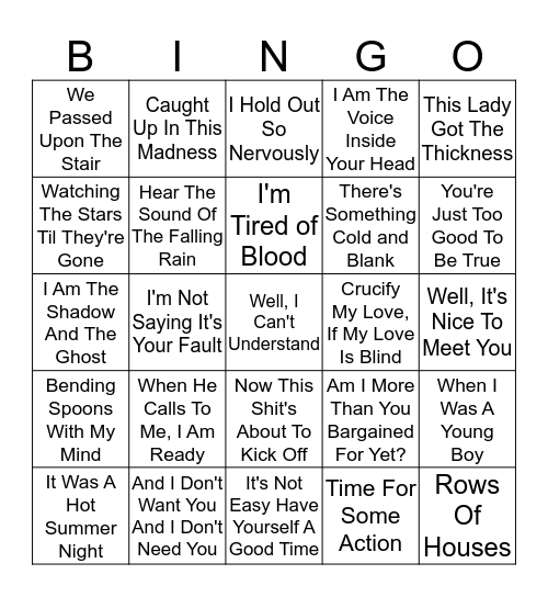 Random Lyrics Bingo 3 Bingo Card