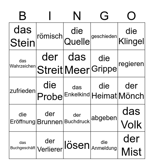 German Vocab Bingo Card