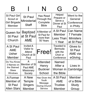 St Paul AME Sistas' Night Out Bingo Card Bingo Card
