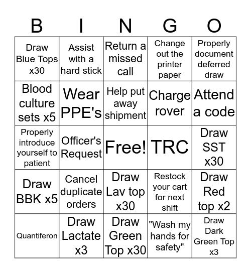 Phlebotomy-Night/Weekend Bingo Card