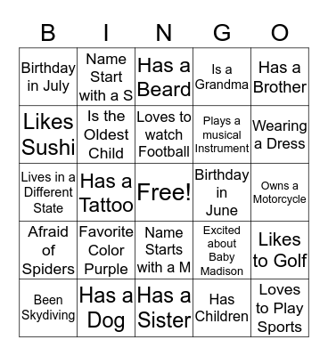 Baby Madison Human Bingo Card