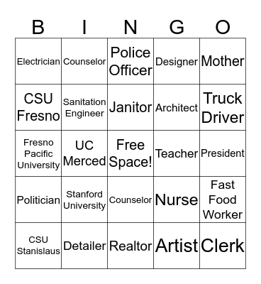 College/Careers Bingo Card
