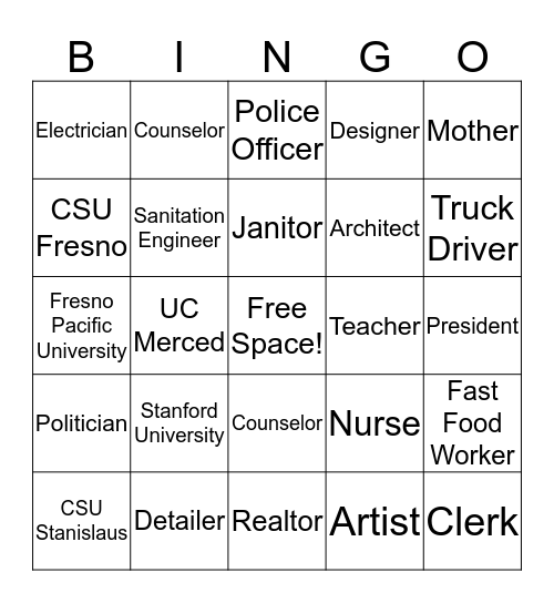 College/Careers Bingo Card