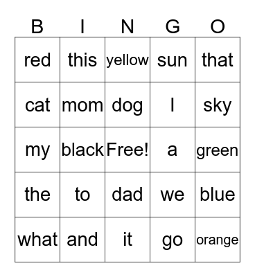 Sight Words Bingo Card