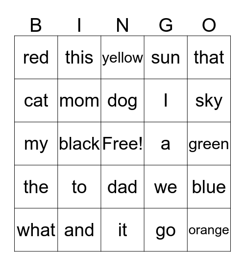 Sight Words Bingo Card