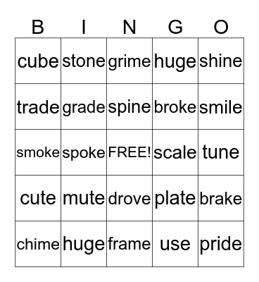 Silent e Bingo Card