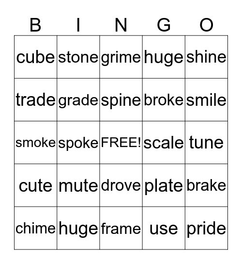Silent e Bingo Card