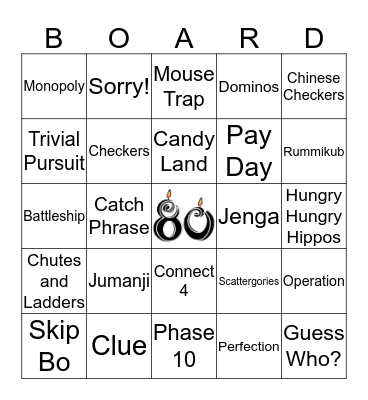 80th Birthday Game Night Bingo Card