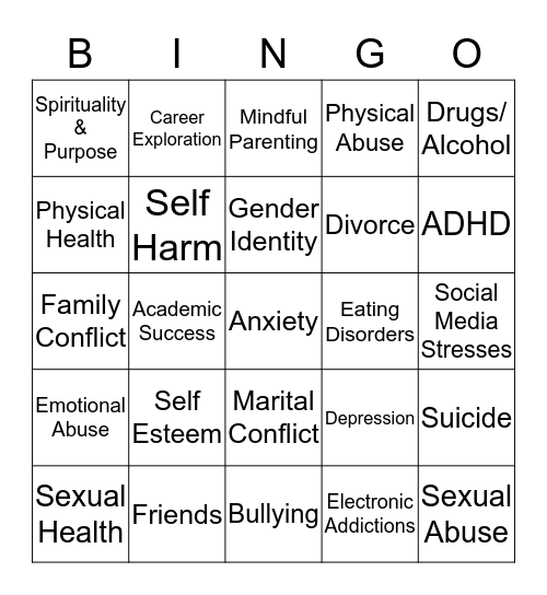 COUNSELING TOPICS Bingo Card