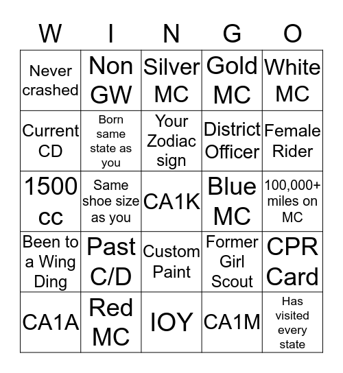 WINGO Bingo Card