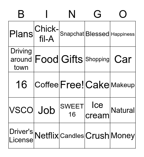 ARIANA'S SWEET 16 Bingo Card
