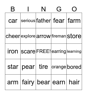 Vocalic R Bingo Card