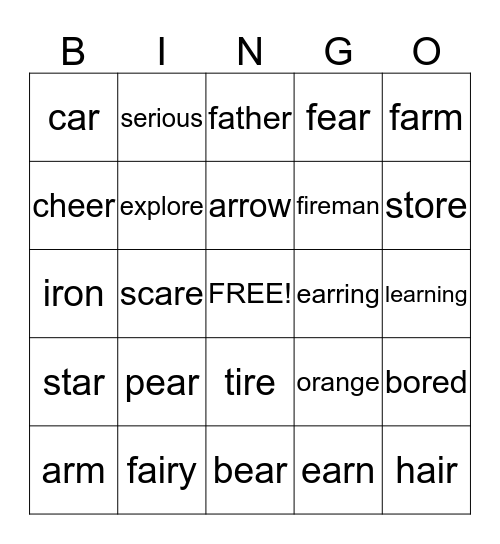 Vocalic R Bingo Card
