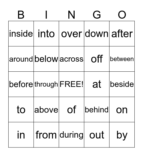 Preposition Bingo Card