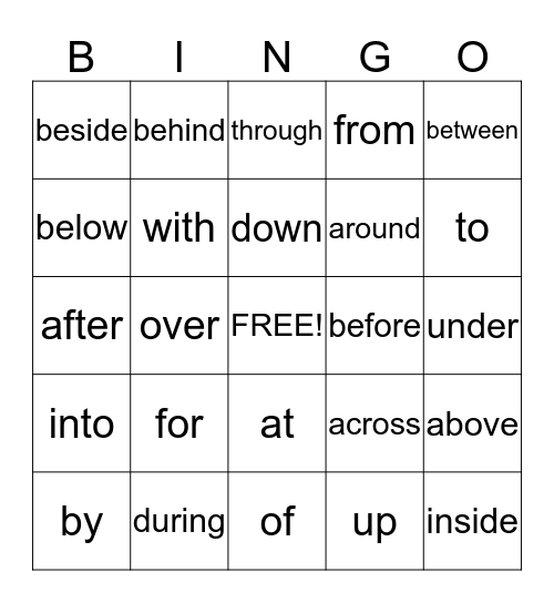 Preposition Bingo Card