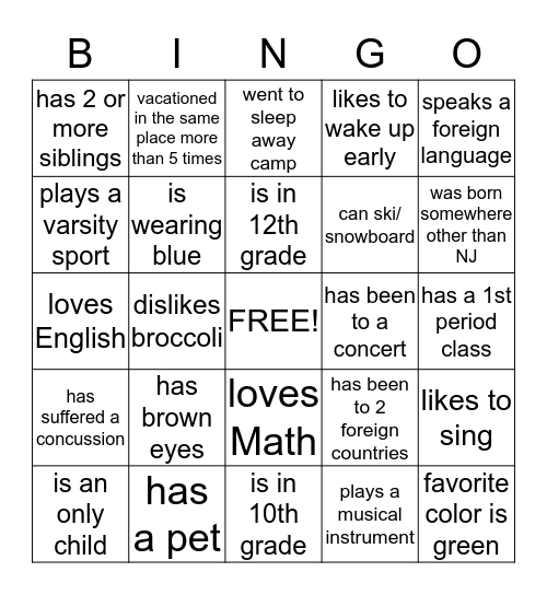 Get to Know You  Bingo Card