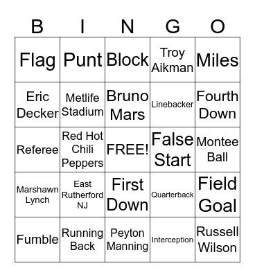 Super Bowl XLVIII Bingo Card