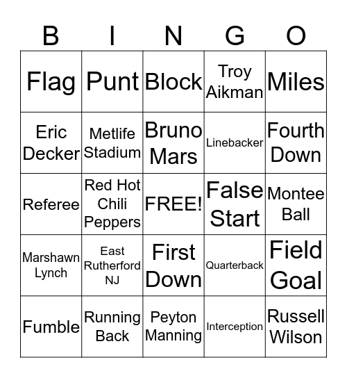 Super Bowl XLVIII Bingo Card