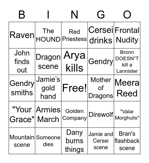 GOT Season 8 Bingo Card