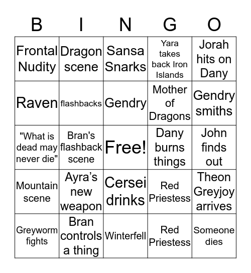 GOT Season 8 Bingo Card