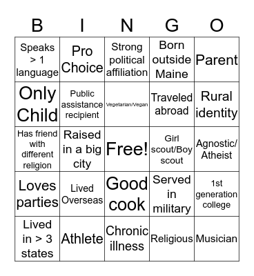 Cutural Identity Bingo Card