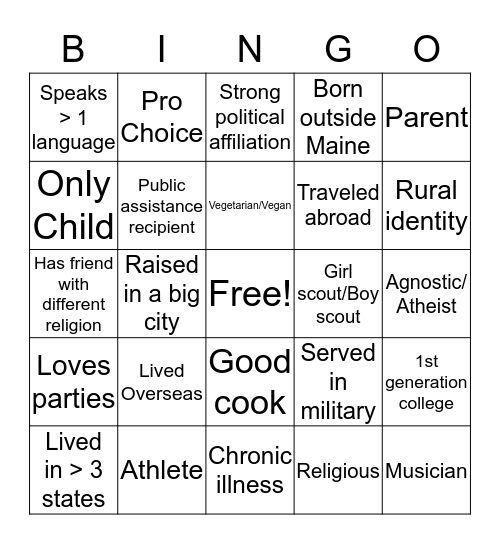 Cutural Identity Bingo Card