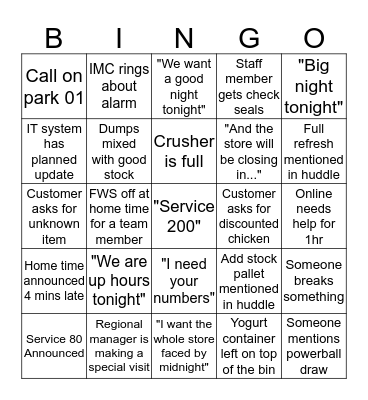 Woolies Bingo Card
