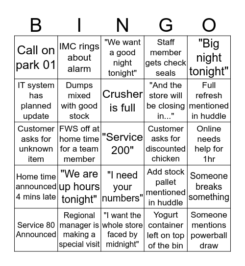 Woolies Bingo Card