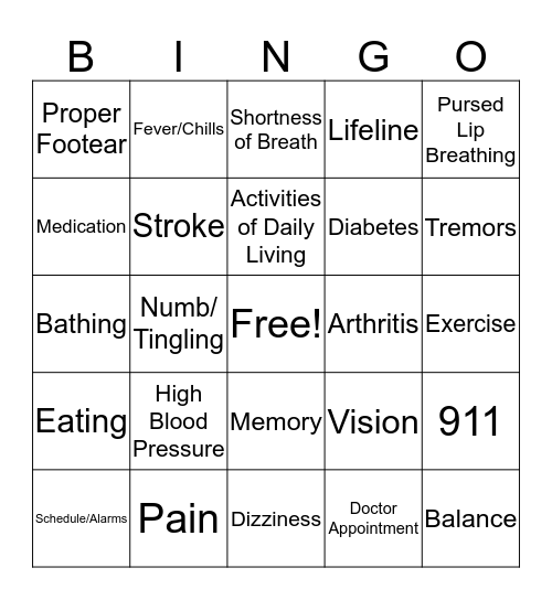 Dementia Bingo Card