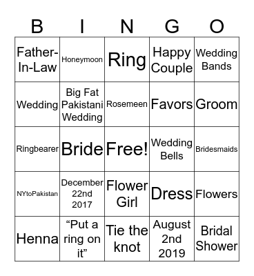 Rosey's Bridal Bingo Card