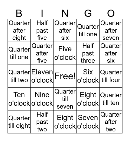 Clock Bingo!  Bingo Card
