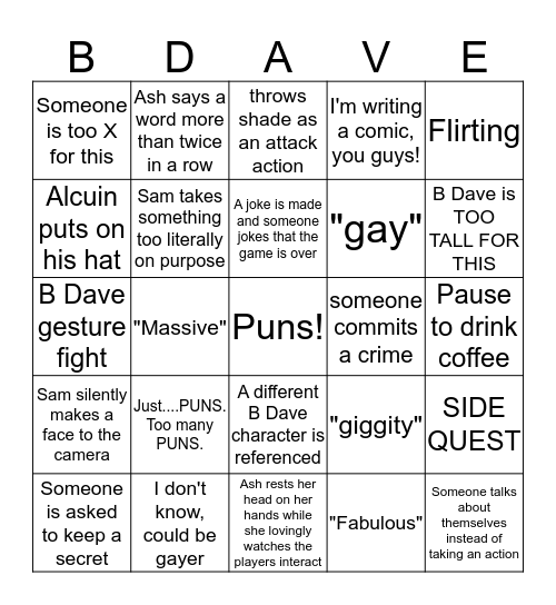 B Dave, Do Bingo Card