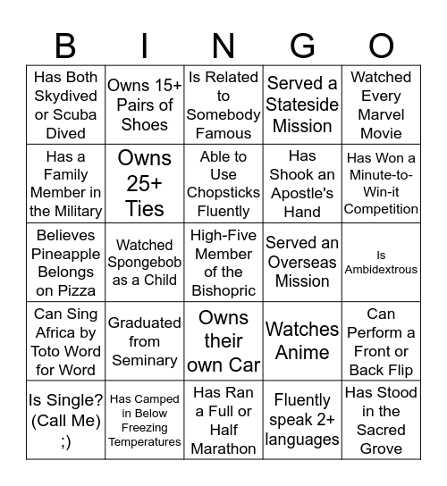 Rexburg 55th YSA Bingo Card