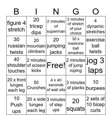 Fitness Bingo Card