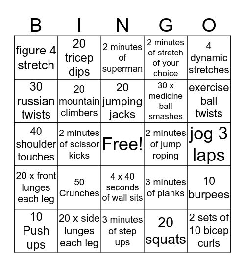 Fitness Bingo Card