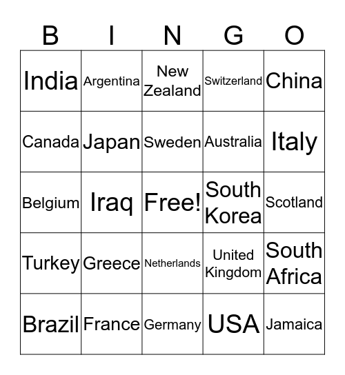 Flags of the World Bingo Card