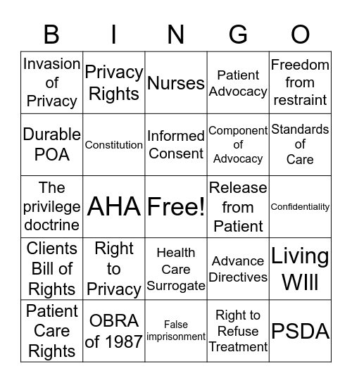 Clients' Rights and Advocacy Bingo Card