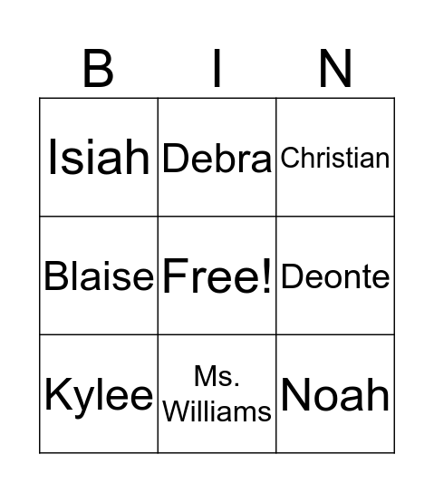 Our Names Bingo Card