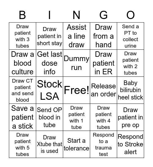 PHLEBOTOMY BINGOS Bingo Card