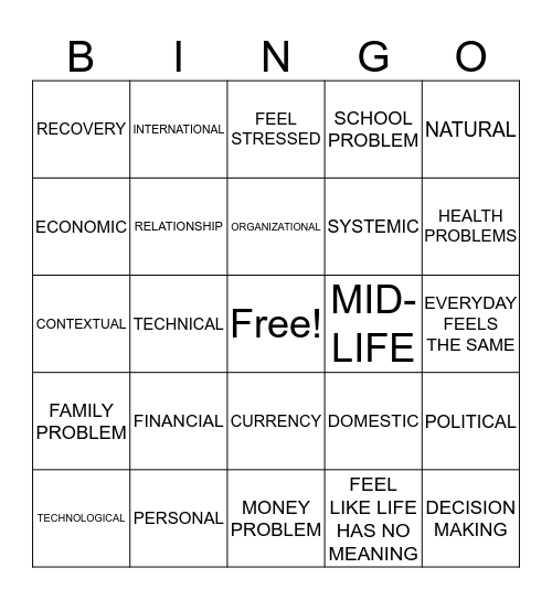 KINDS OF CRISIS AND PROBLEMS Bingo Card