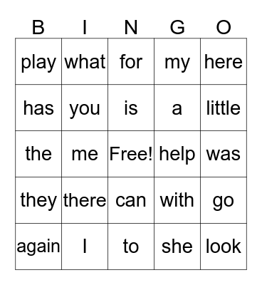 Sight Words Bingo Card